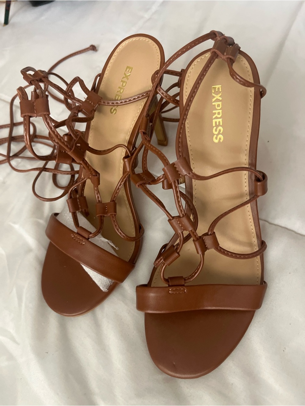 Express Cognac Strappy Lace-Up Heels